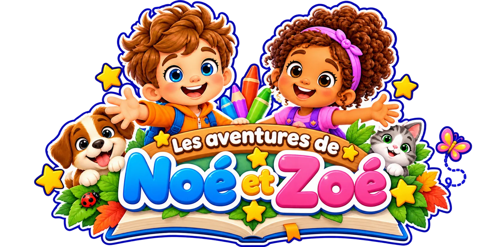 Les aventures de Noé et Zoé — Noé, Zoé, un chiot et un chaton au-dessus d’un livre ouvert