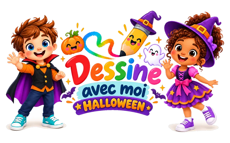 Noé et Zoé déguisés autour du logo Dessine avec moi Halloween